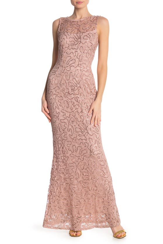 Shop Marina Sequin Illusion Lace Trumpet Gown In Blush