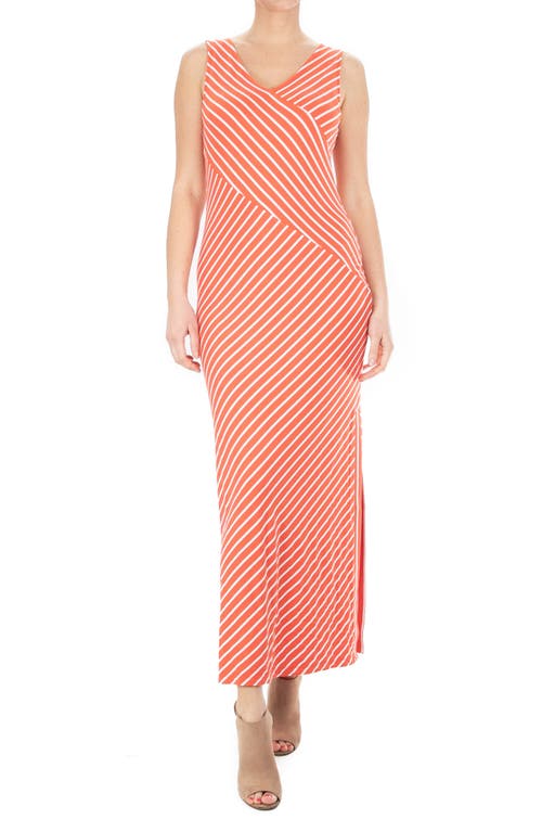 Shop Nina Leonard V-neck Stripe Maxi Dress In Bright Coral/white