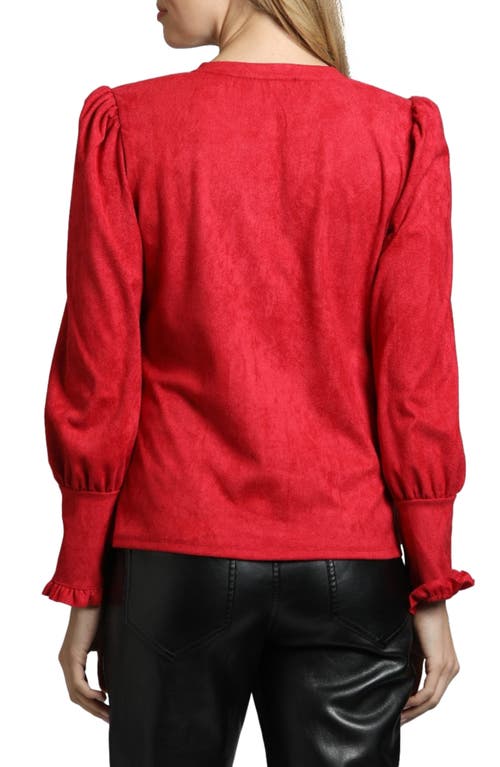 Apny Ruffle Puff Sleeve Faux Suede Button-up Shirt In Red