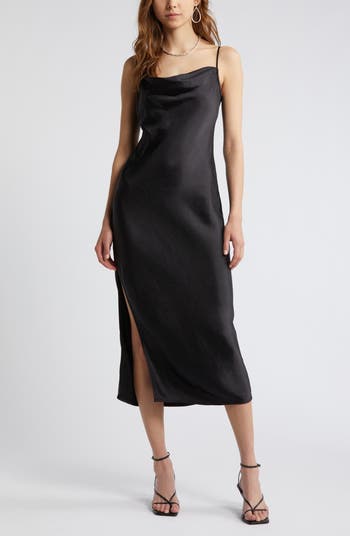 Cowl neck black satin dress shops