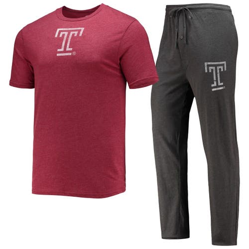Men's Concepts Sport Heathered Charcoal/Cherry Temple Owls Meter T-Shirt & Pants Sleep Set in Heather Charcoal