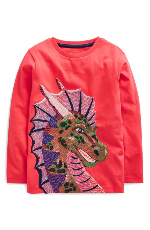 Mini Boden Kids' Embroidered Dragon Long Sleeve T-Shirt in Jam Red Dragon 