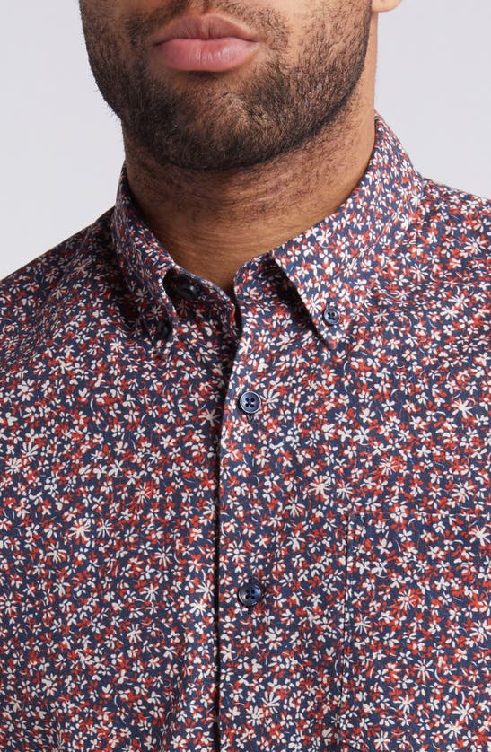 Shop Nordstrom Trim Fit Floral Short Sleeve Stretch Cotton & Linen Button-down Shirt In Navy- Red Floral Contrast