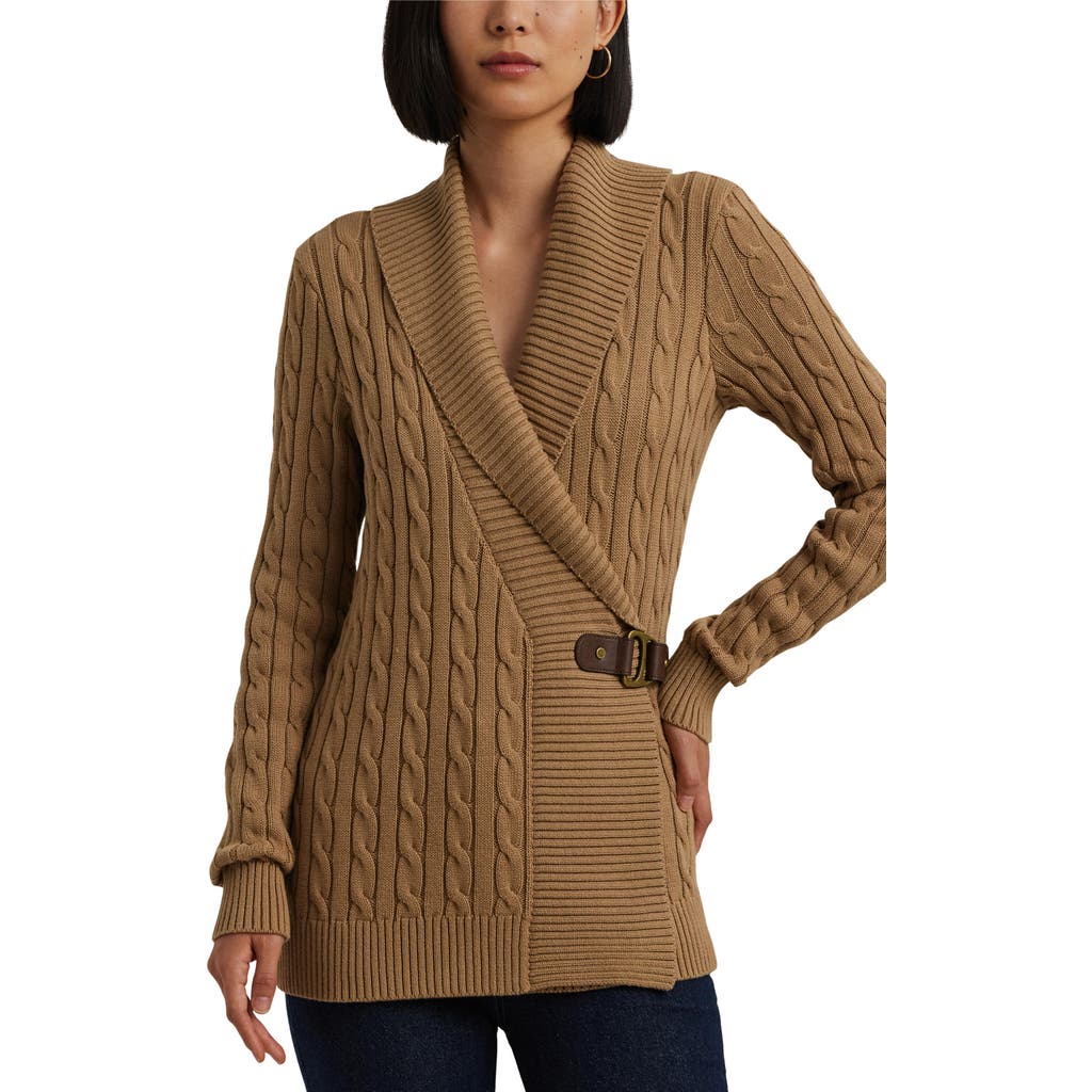 Ralph Lauren Lauren Cable Stitch Cotton Wrap Cardigan In Classic Camel