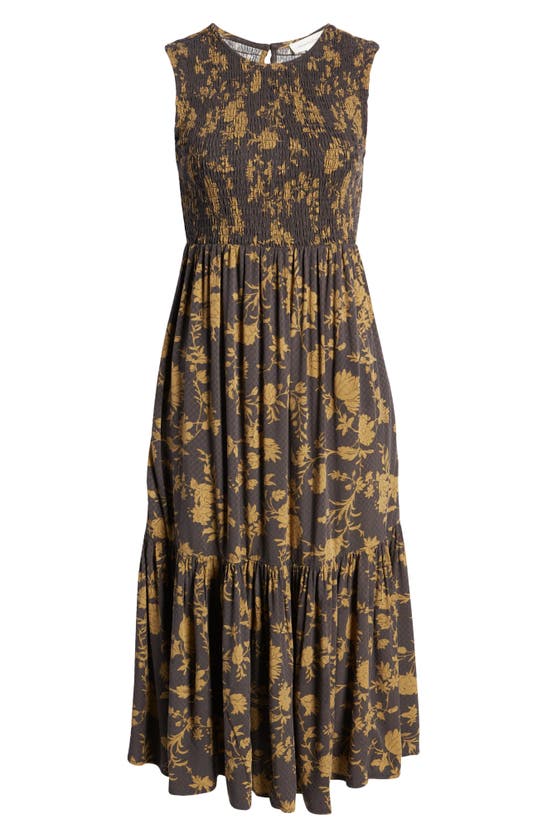 Treasure & Bond Smocked Sleeveless Midi Dress In Brown Latte Vintage Floral