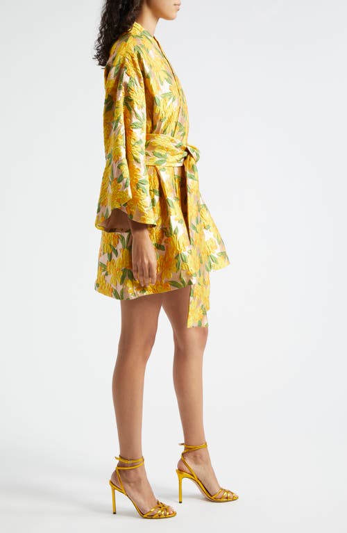 Shop La Vie Style House Floral Brocade Long Sleeve Cover-up Wrap Minidress In Yellow Gold Multi