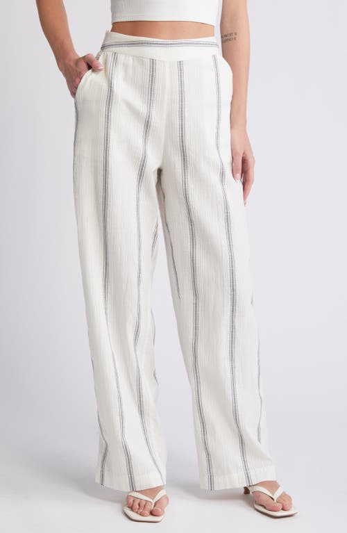 Embroidered Stripe Cotton Wide Leg Pants in Birch/Navy Blazer