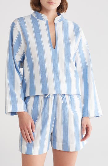 Shop Desmond & Dempsey Feluka Stripe Stretch Cotton Short Pajamas In Blue