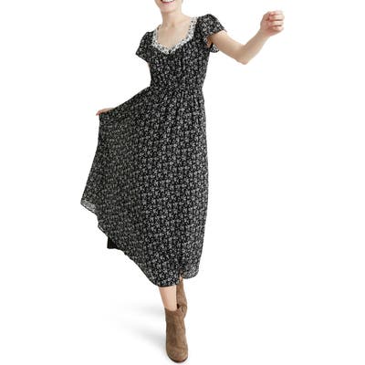 Madewell Sheer Sleeve Mixed Branch Floral Print Dress, Black