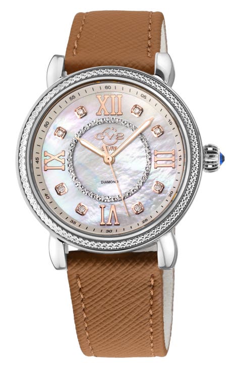 Marsala Mother of Pearl Dial Diamond Faux Leather Strap Watch, 37mm - 0.096ct.