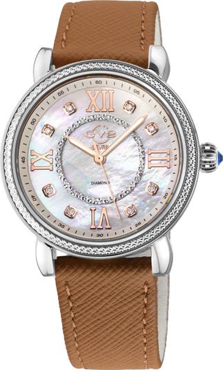 GV2 Marsala Mother of Pearl Dial Diamond Faux Leather Strap Watch 37mm 0.096ct. Nordstromrack