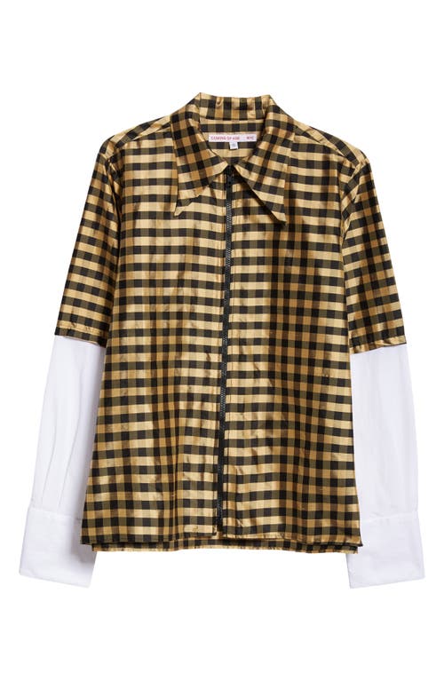 Gingham Layered Look Silk Zip-Up Shirt in Gingham Black Gold