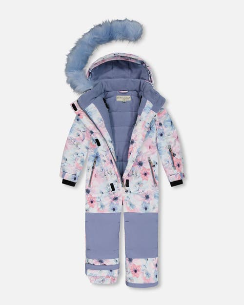 Shop Deux Par Deux Girl's One Piece Snowsuit Printed Watercolor Blue Flowers In Printed Watercolor Flowers