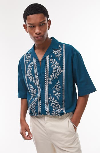 Topman Border Embroidered & Linen Button-Up Shirt | Nordstrom