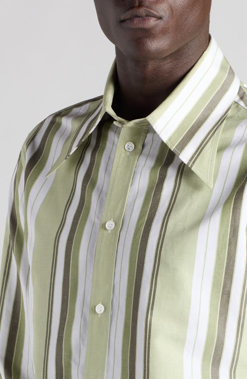 Shop Bottega Veneta Stripe Cotton & Linen Button-up Shirt In Pale Green/white