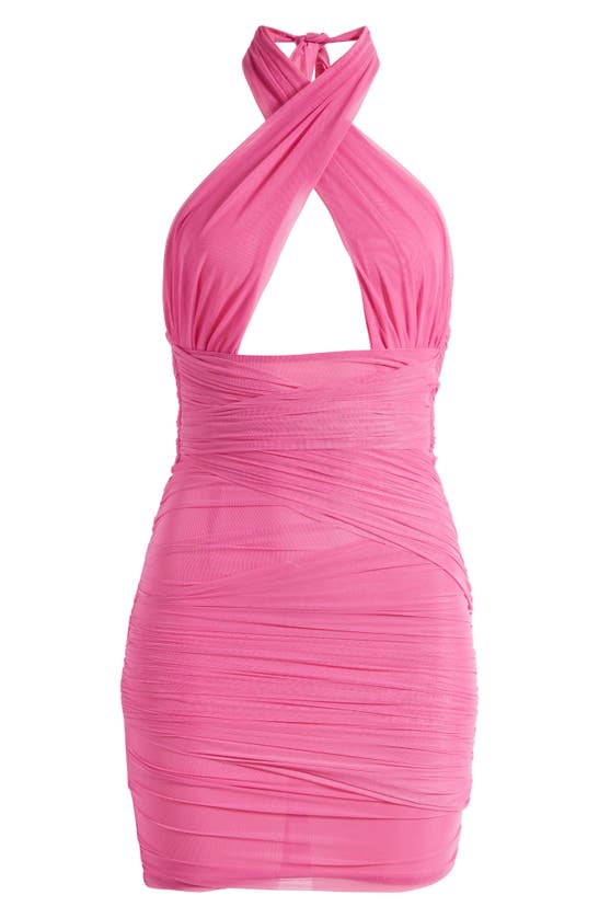 Shop Mistress Rocks Cutout Crossover Mesh Cocktail Halter Minidress In Magenta