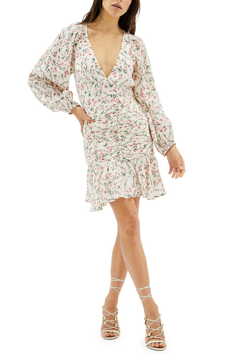 MINKPINK Kacey Ruched Floral Long Sleeve Minidress, Main, color, MULTI