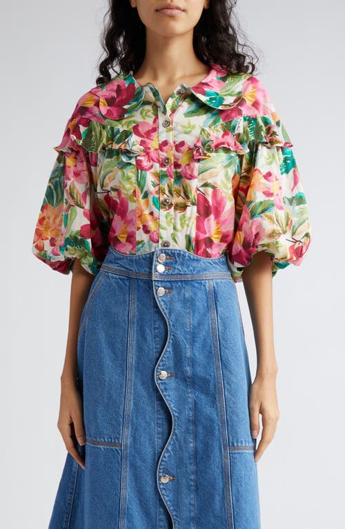 FARM Rio Painted Flowers Ruffle Puff Sleeve Cotton Button-Up Shirt Off- at Nordstrom,