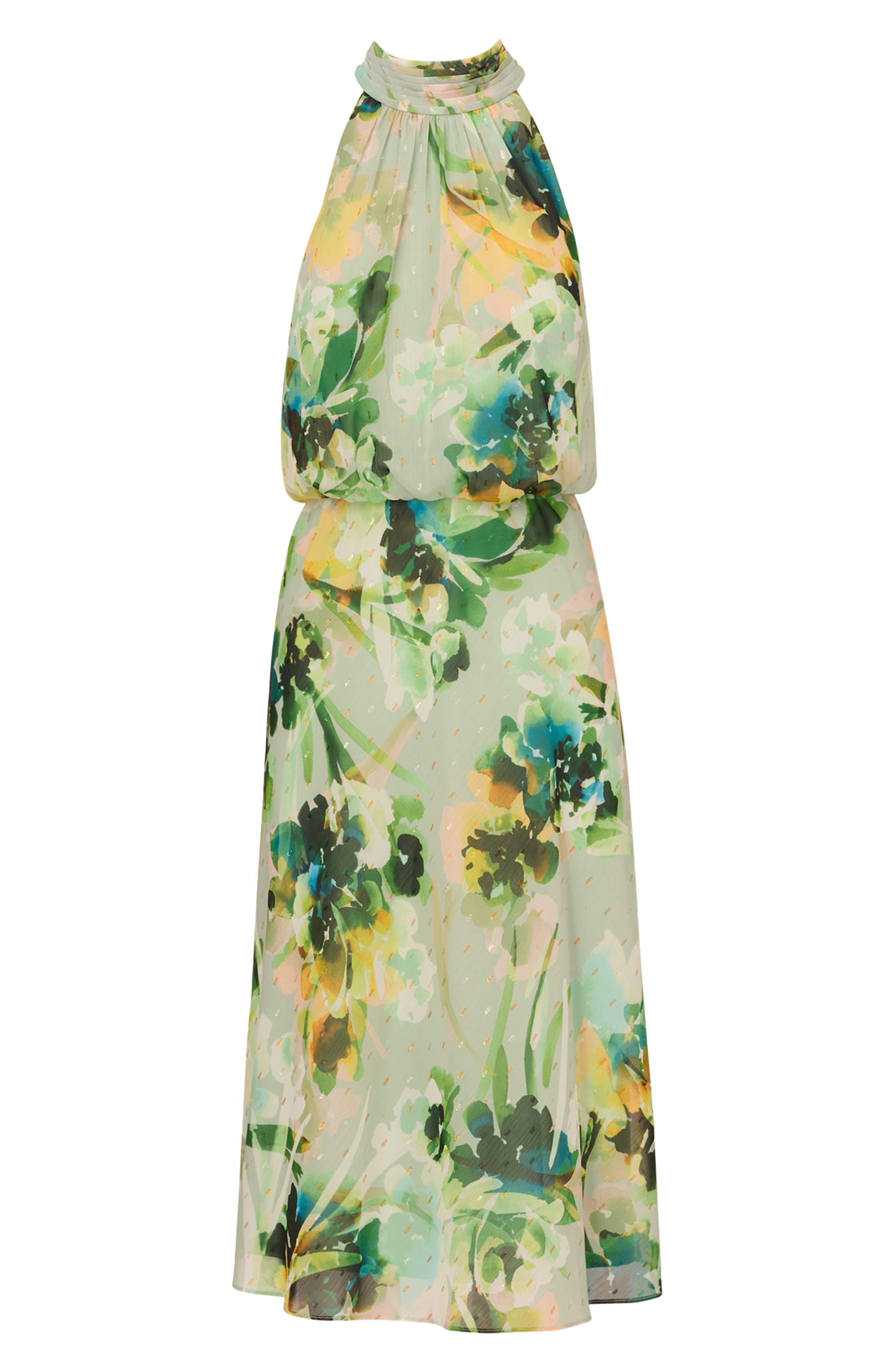 Adrianna Papell Floral High Neck Chiffon Midi Dress in Green Multi