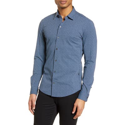 Boss Robbie Slim Fit Micro Geo Print Button-Up Performance Shirt, Blue