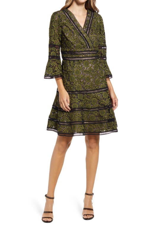 Embroidered Lace Fit & Flare Cocktail Dress in Black/Green
