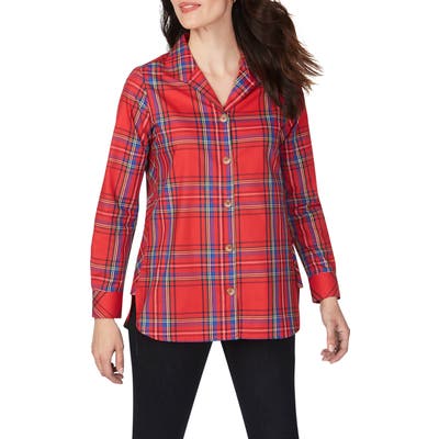Foxcroft Pandora Emerson Tartan Wrinkle-Free Tunic Shirt, Red