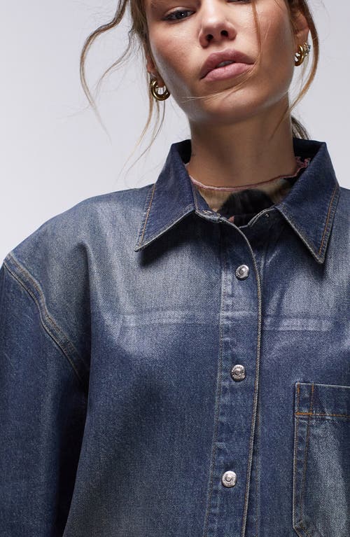 Shop Topshop Coated Denim Snap-up Shirt In Mid Blue