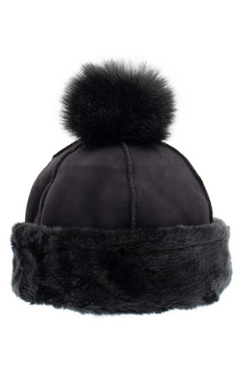 Surell Faux Fur Trim Beanie In Black