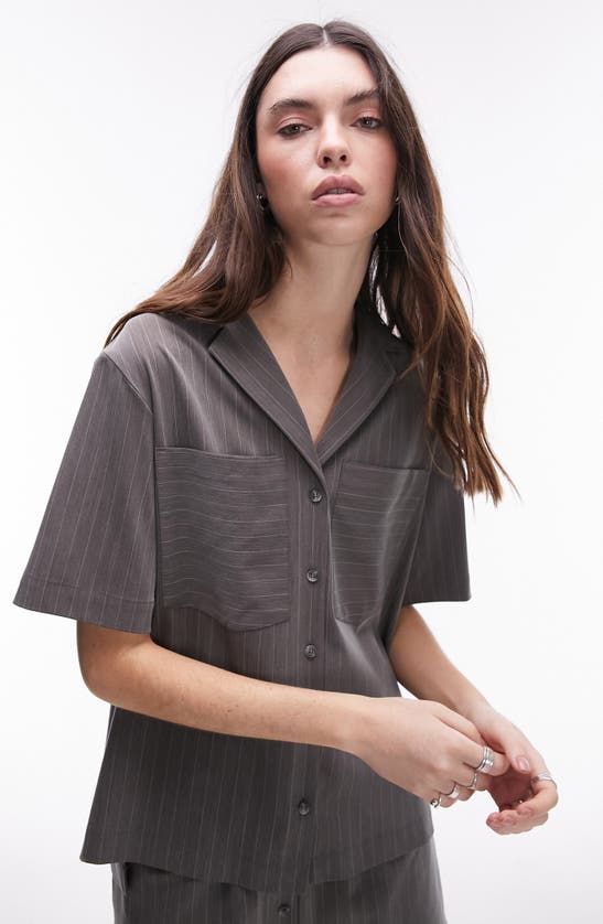 Shop Topshop Pinstripe Short Sleeve Button-up Shirt In Grey