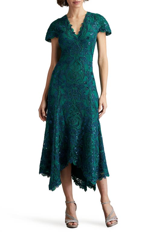 Shop Tadashi Shoji Sequin Lace Midi Cocktail Dress In Tea Leaf