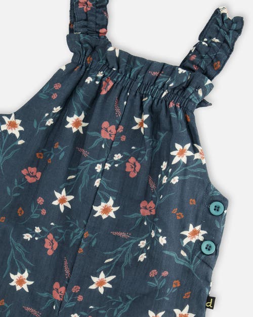 Shop Deux Par Deux Baby Girl's Printed Muslin Overall Teal With Flowers In Printed Edelweiss