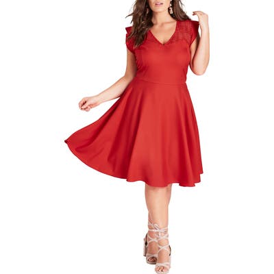 Plus Size City Chic First Place Crochet Yoke Fit & Flare Dress, Red