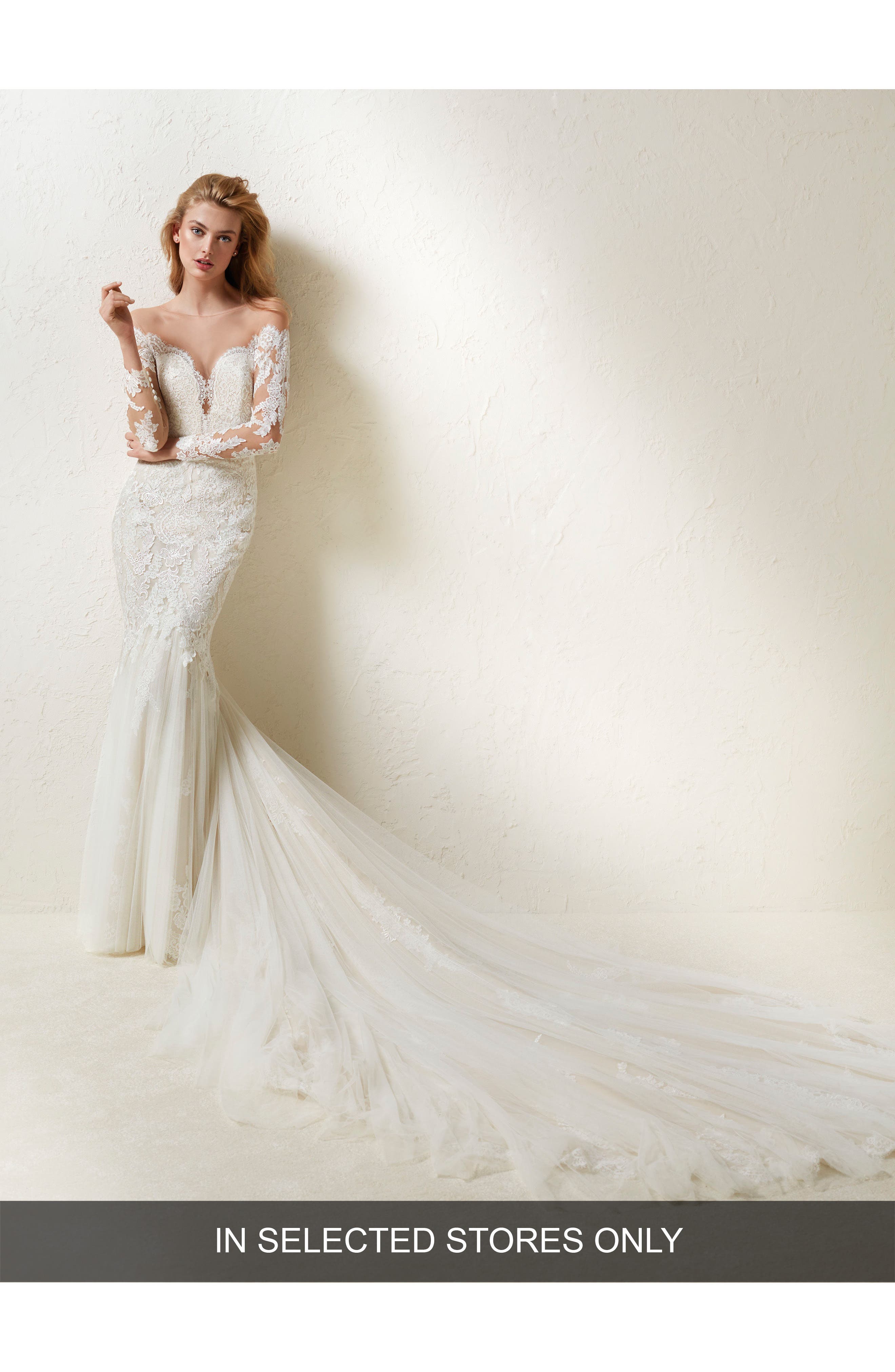 Pronovias Drinea Illusion Lace Mermaid Gown, Size IN STORE ONLY - Ivory
