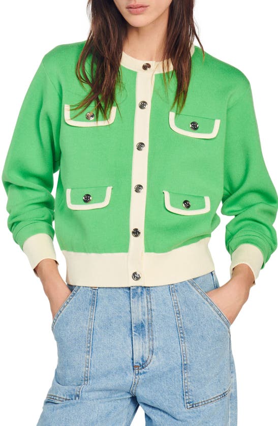 Sandro Two-tone Cardigan With Buttons In Green