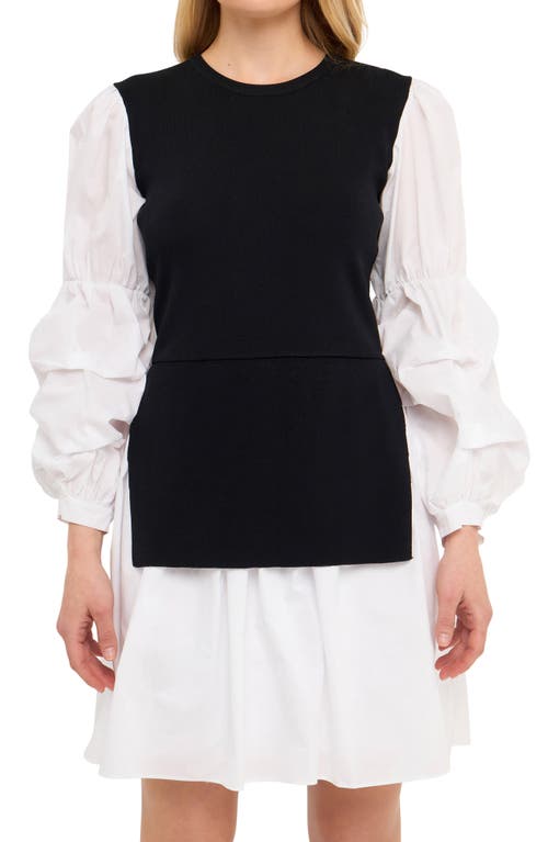 English Factory Mixed Media Long Sleeve Minidress In Black/white