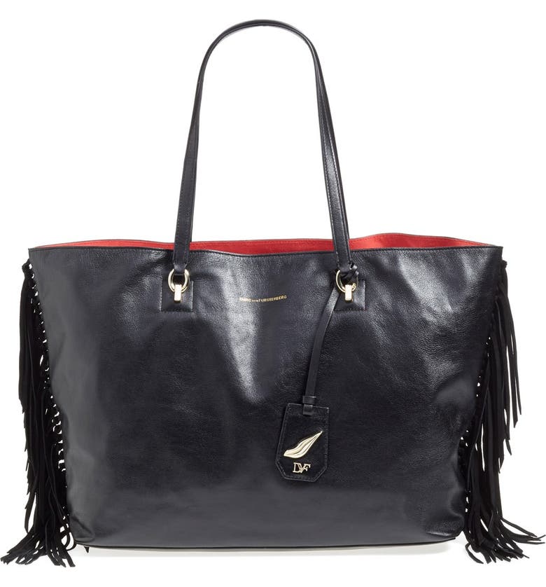 DIANE VON FURSTENBERG 'Sutra Ready to Go - Large' Fringe Leather Tote, Main, color, Black