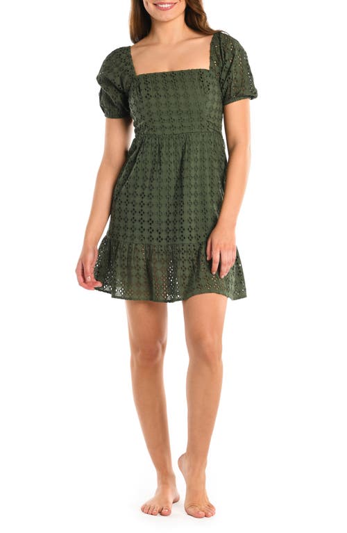 Salt Square Neck Puff Sleeve Cotton Cover-Up Sundress in Olive