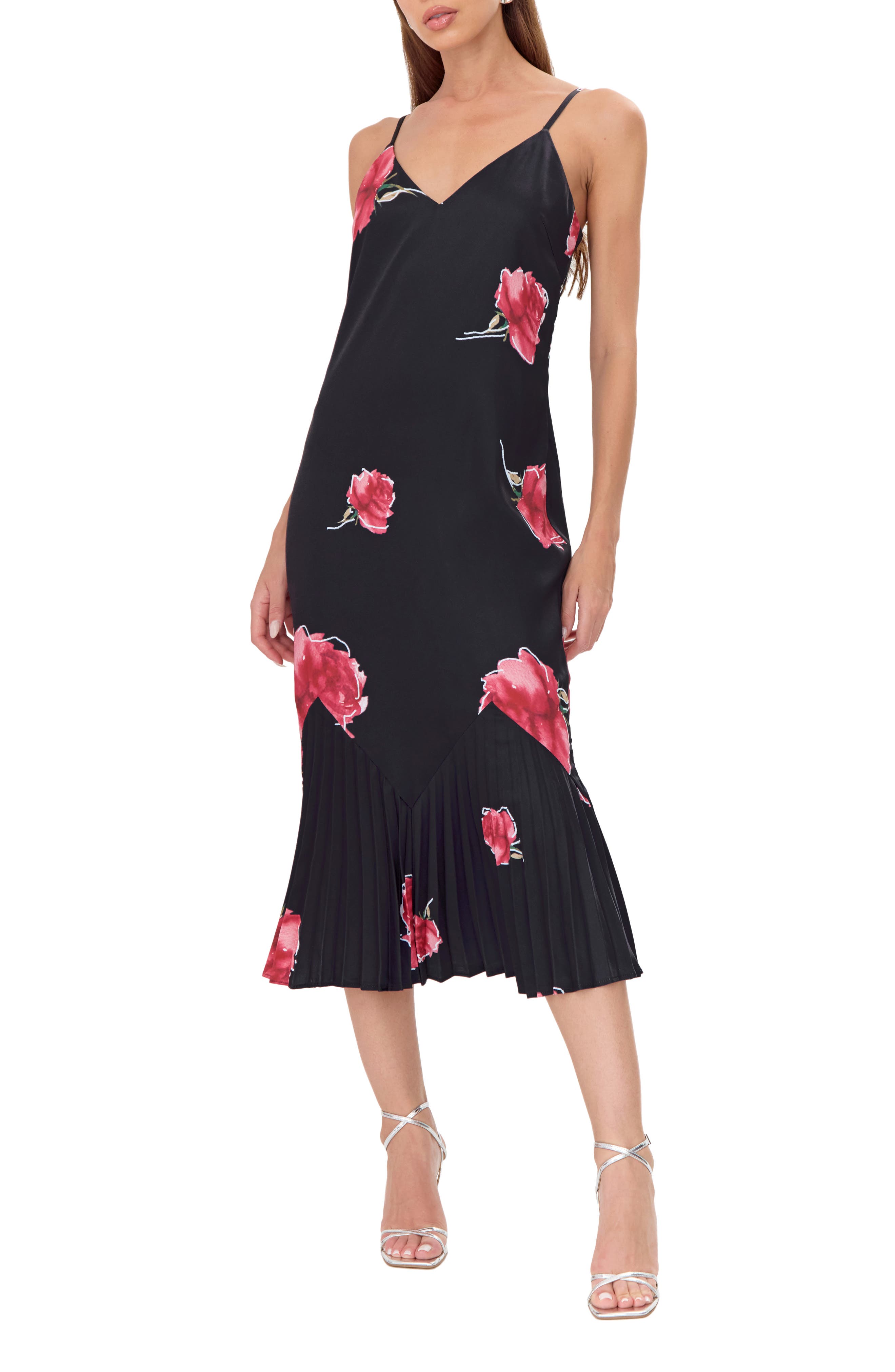 Adelyn Rae Tresora Floral Print Midi Slipdress in Black/Red 