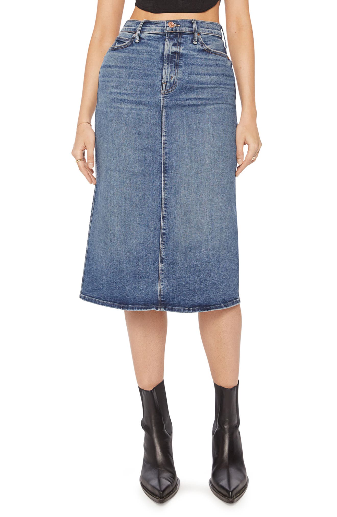 MOTHER The Swooner High Waist A-Line Denim Skirt in Going Full