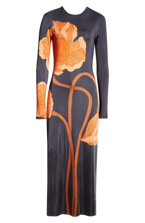 Shop Johanna Ortiz Colorful Allegory Long Sleeve Stretch Satin Midi Dress In Papaver Somniferum/navy