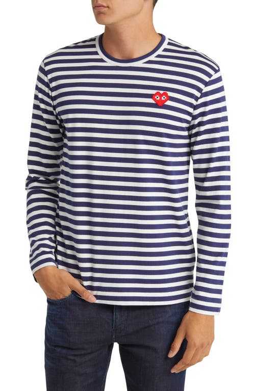 Comme Des Garçons Play Pixel Play Appliqué Stripe Long Sleeve T-shirt In Navy/white