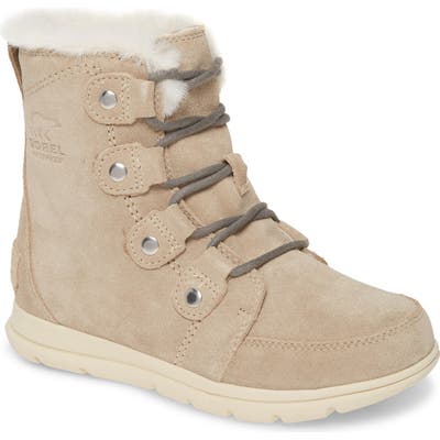 Sorel Explorer Joan Waterproof Boot With Faux Fur Collar- Beige