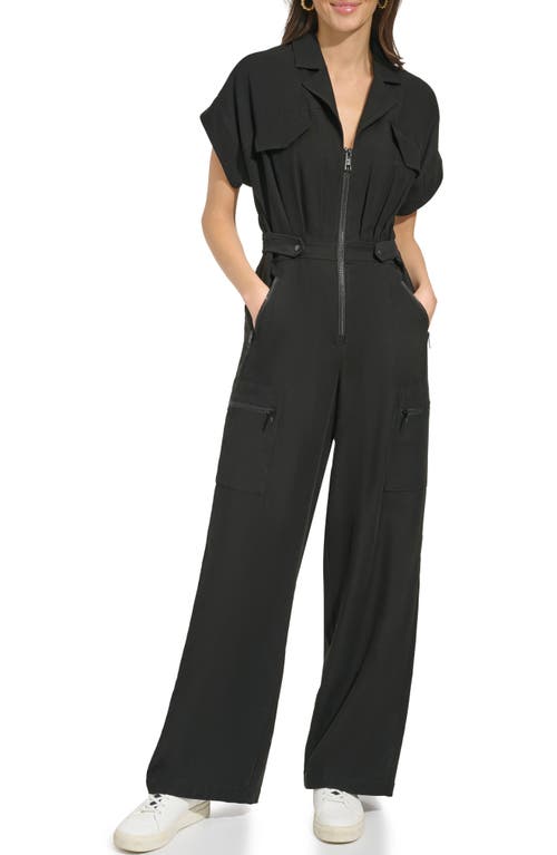 DKNY Front Zip Twill Jumpsuit Black at Nordstrom,