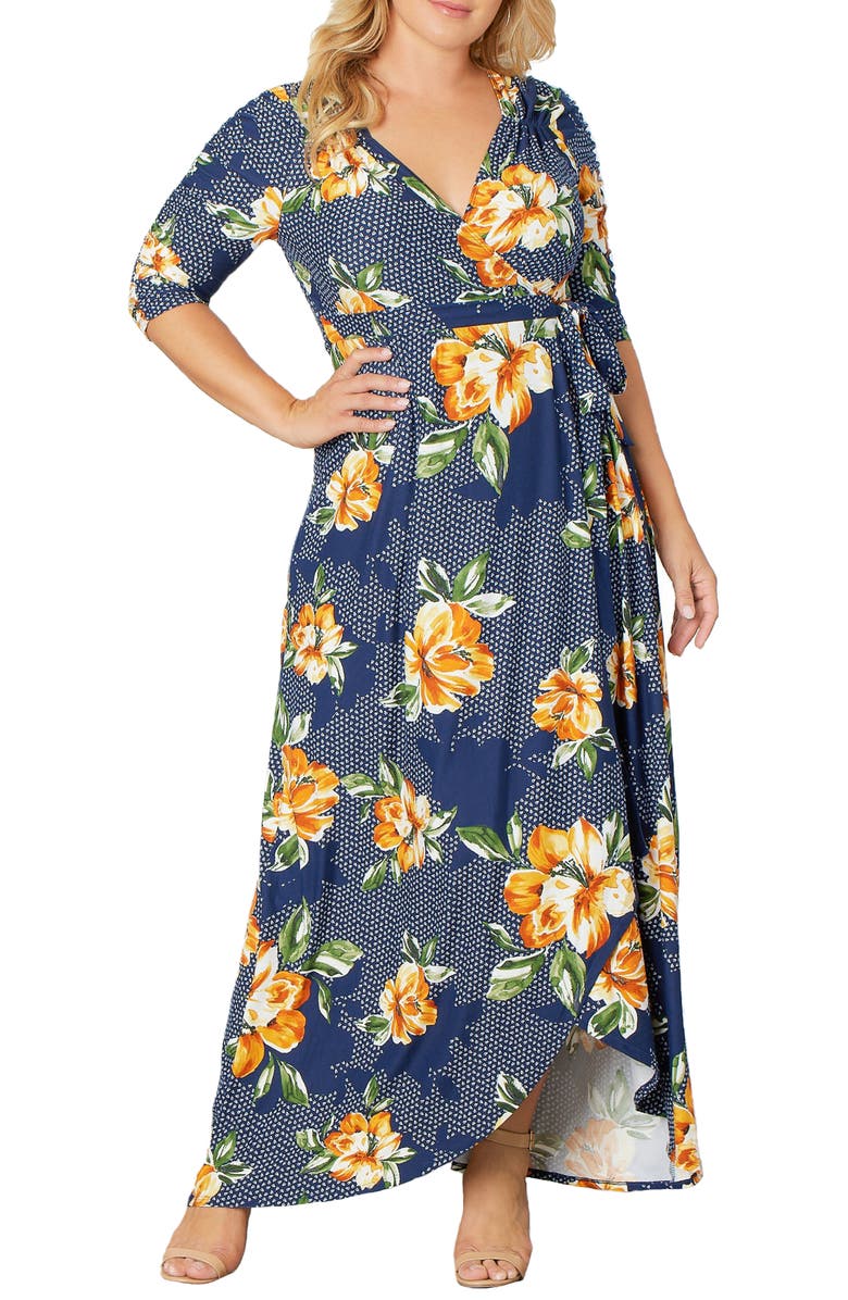 Kiyonna Meadow Dream Wrap Maxi Dress, Main, color, Amber Blossoms