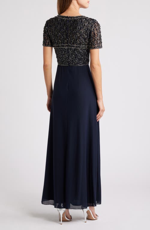 Shop Pisarro Nights Beaded Bodice Chiffon Gown In Navy