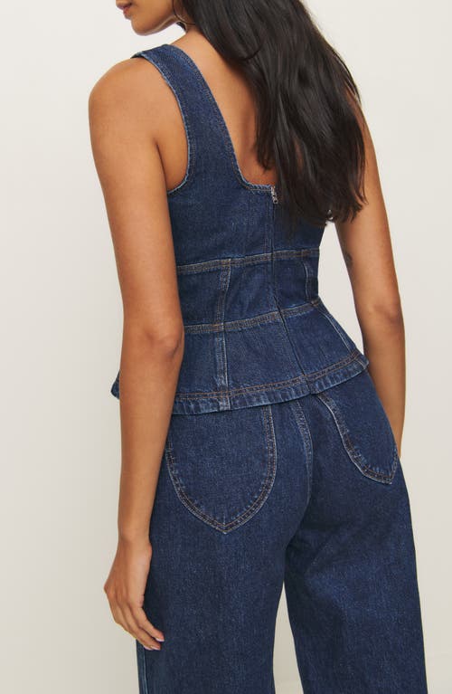 Shop Reformation X Kacey Musgraves Dallas Organic Cotton Blend Denim Corset Top In Elwood