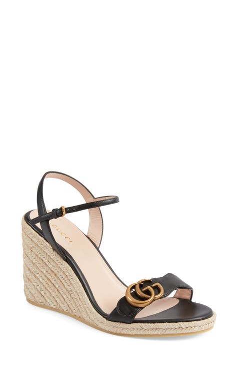 GUCCI - METALLIC LEATHER AND SATIN ESPADRILLE WEDGE SANDALS