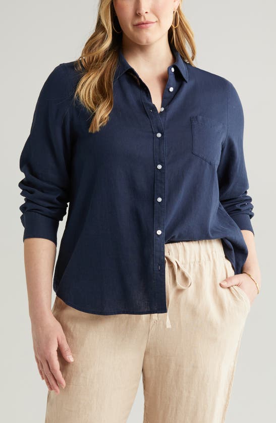 Shop Caslon (r) Long Sleeve Linen Blend Button-up Shirt In Navy Blazer
