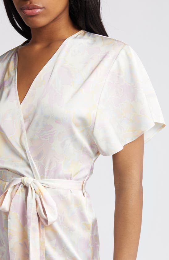 Shop Open Edit Tie Waist Short Satin Robe In Ivory Egret Sky Floral