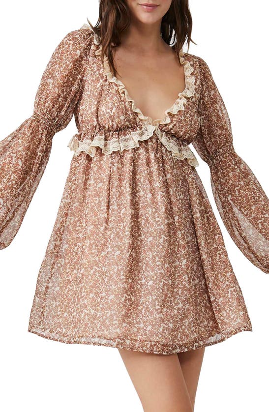 Free People Pennie Floral Print Ruffle Long Sleeve Minidress In Beige ...